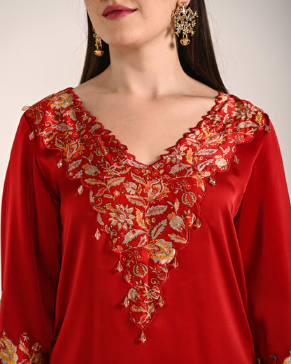Crimson Red Dubai Satin A Line Set