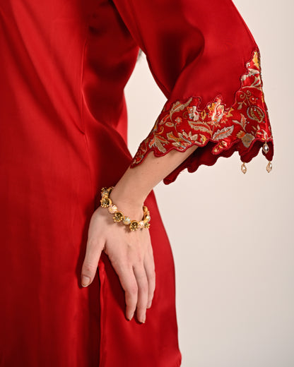 Crimson Red Dubai Satin A Line Set