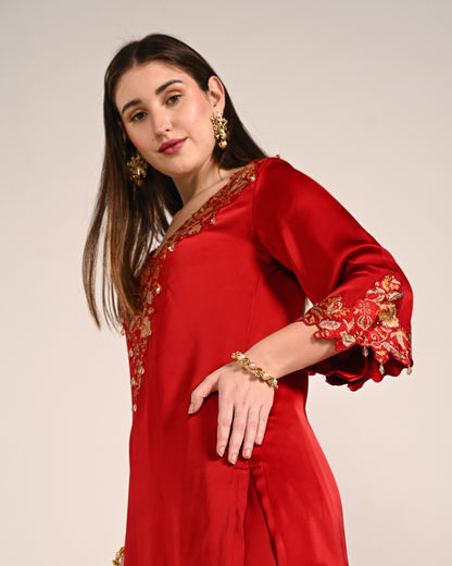 Crimson Red Dubai Satin A Line Set
