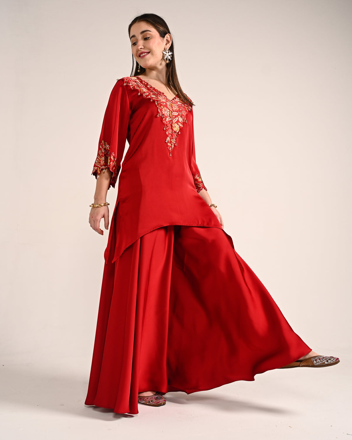 Crimson Red Dubai Satin A Line Set