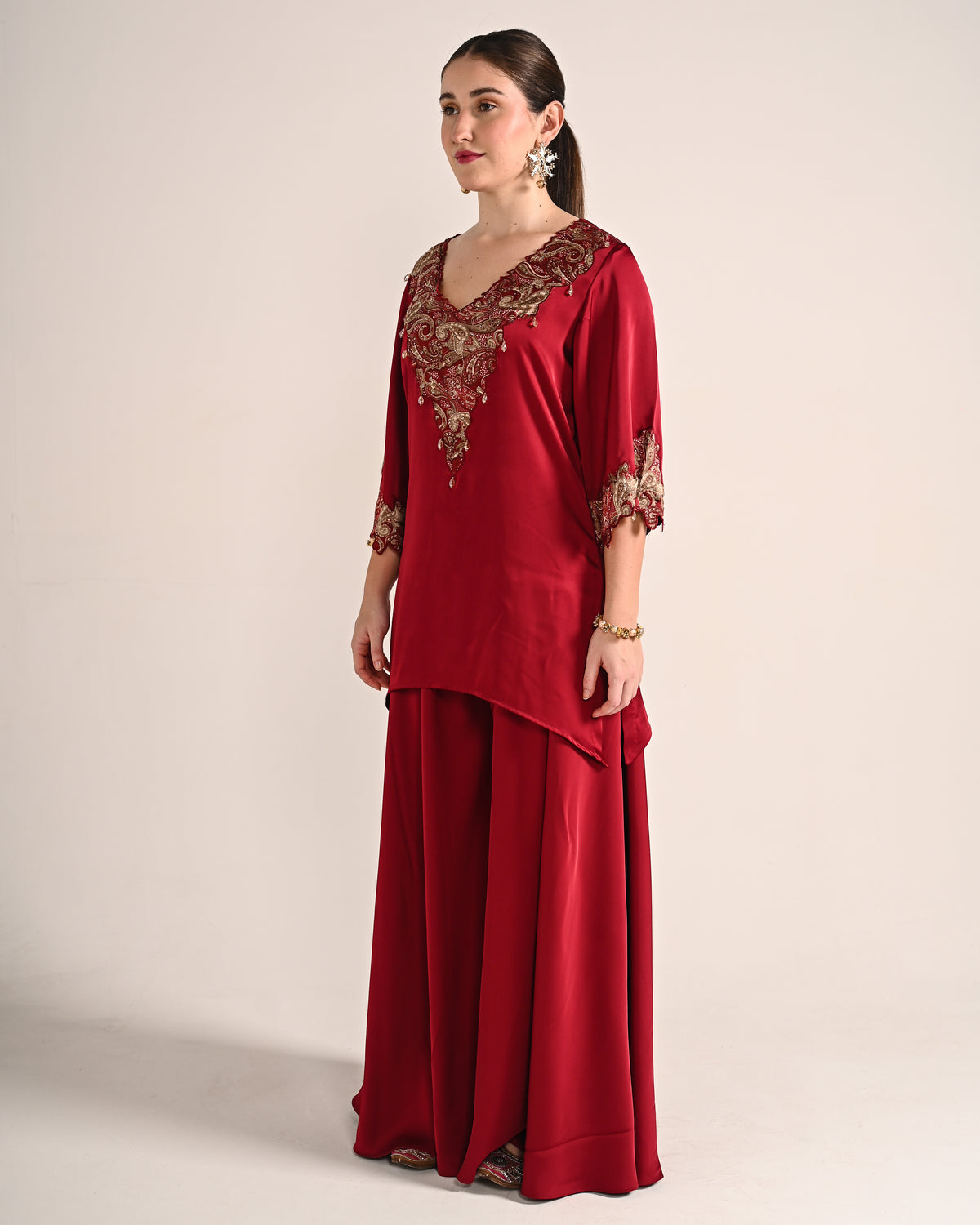 Mahogany Red Dubai Satin A Line Set