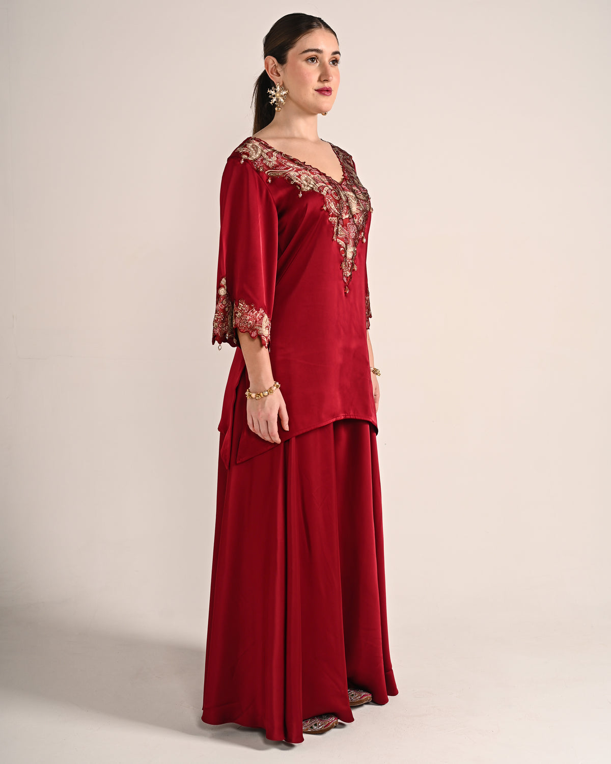 Mahogany Red Dubai Satin A Line Set