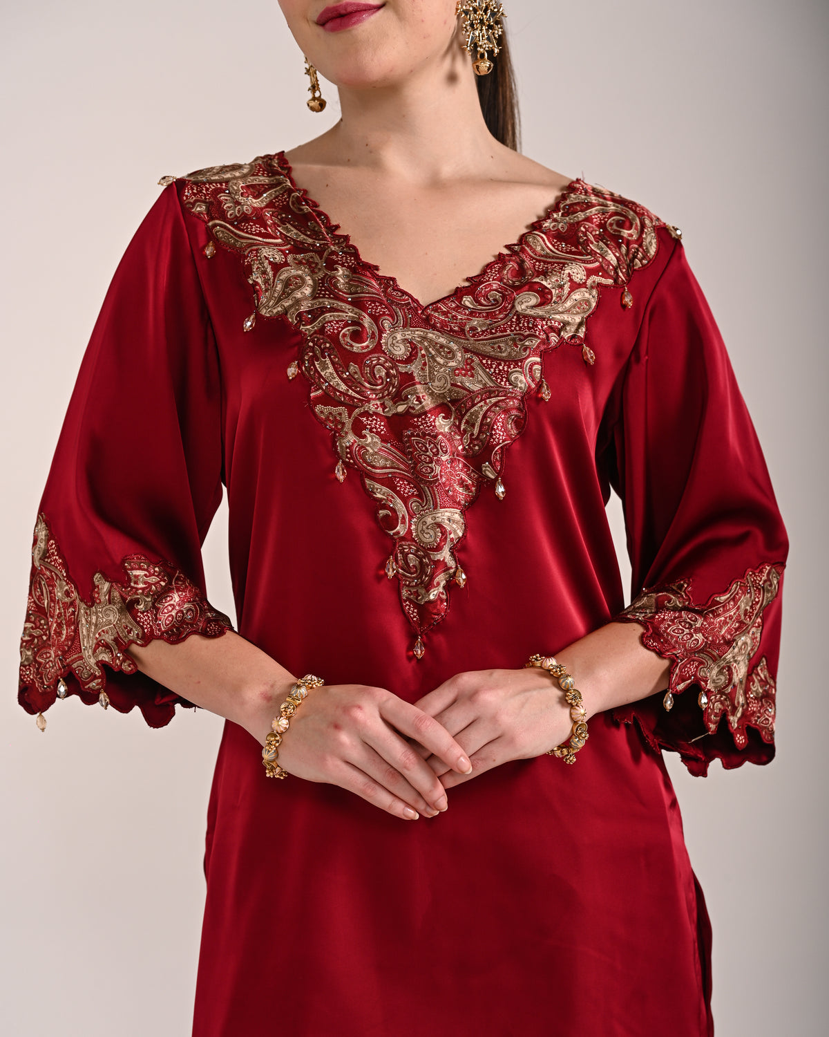 Mahogany Red Dubai Satin A Line Set