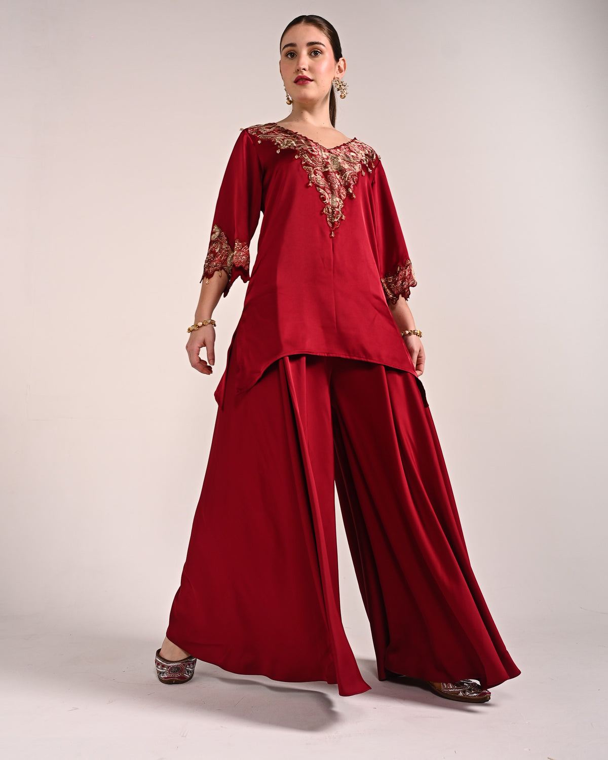 Mahogany Red Dubai Satin A Line Set