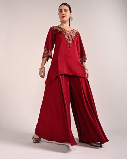 Mahogany Red Dubai Satin A Line Set