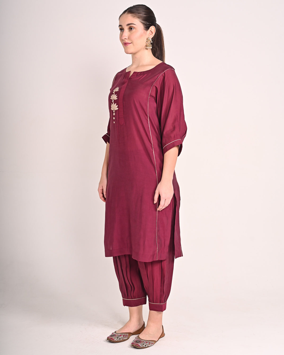 Mahogany Red Mushru Silk Lotus Kurta Set