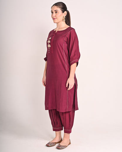 Mahogany Red Mushru Silk Lotus Kurta Set