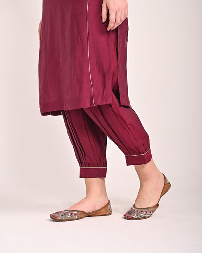 Mahogany Red Mushru Silk Lotus Kurta Set
