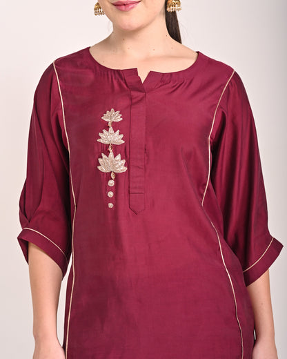 Mahogany Red Mushru Silk Lotus Kurta Set