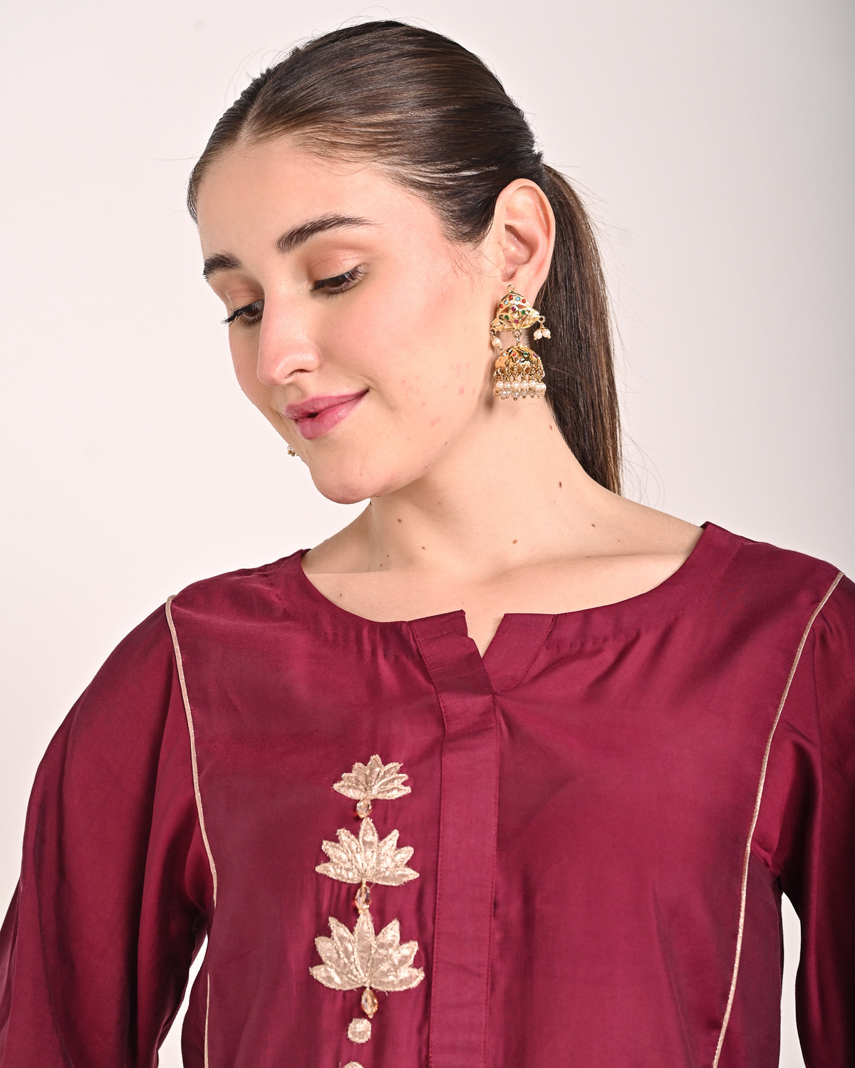 Mahogany Red Mushru Silk Lotus Kurta Set