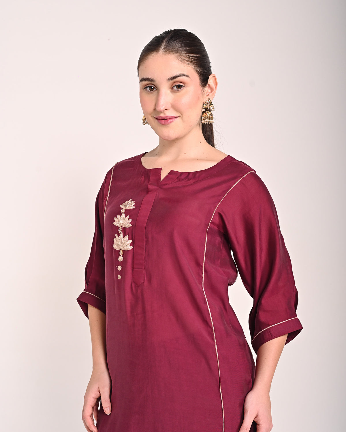 Mahogany Red Mushru Silk Lotus Kurta Set