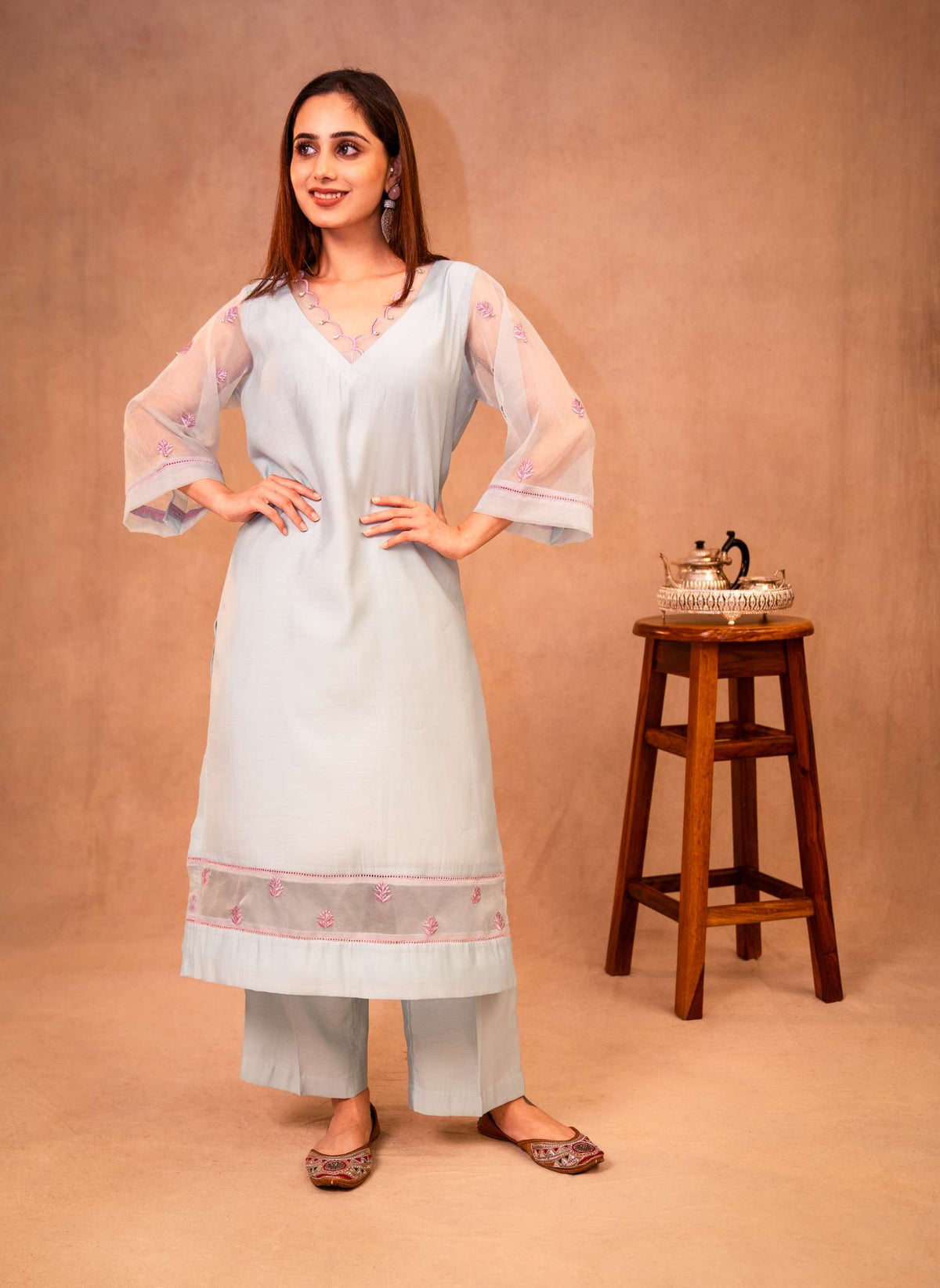 Sky Blue & Mauve Suit with Organza Dupatta