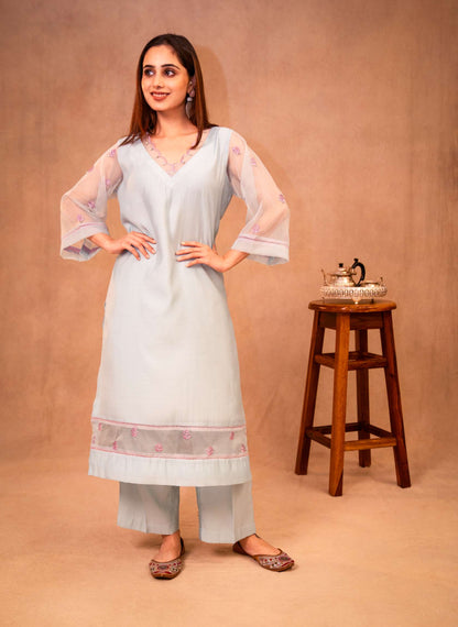 Sky Blue & Mauve Suit with Organza Dupatta