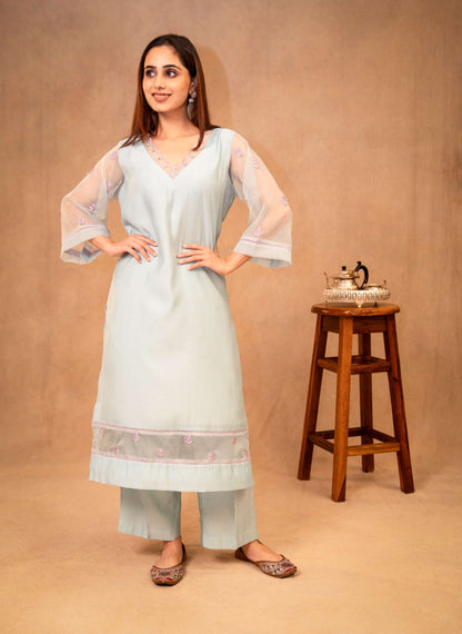 Sky Blue & Mauve Suit with Organza Dupatta