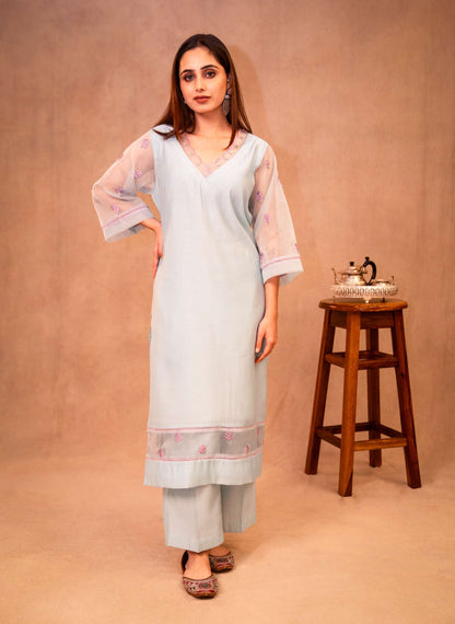 Sky Blue & Mauve Suit with Organza Dupatta
