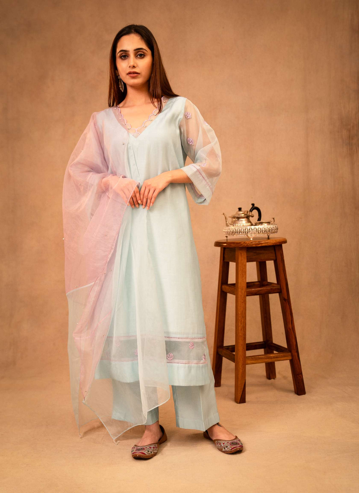 Sky Blue & Mauve Suit with Organza Dupatta