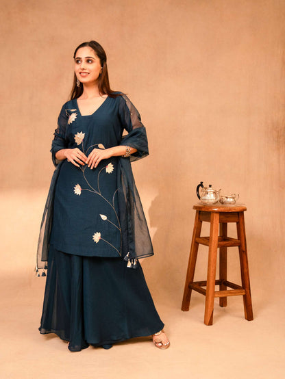 Navy Blue Sharara Set with Short Kurta & Dupatta