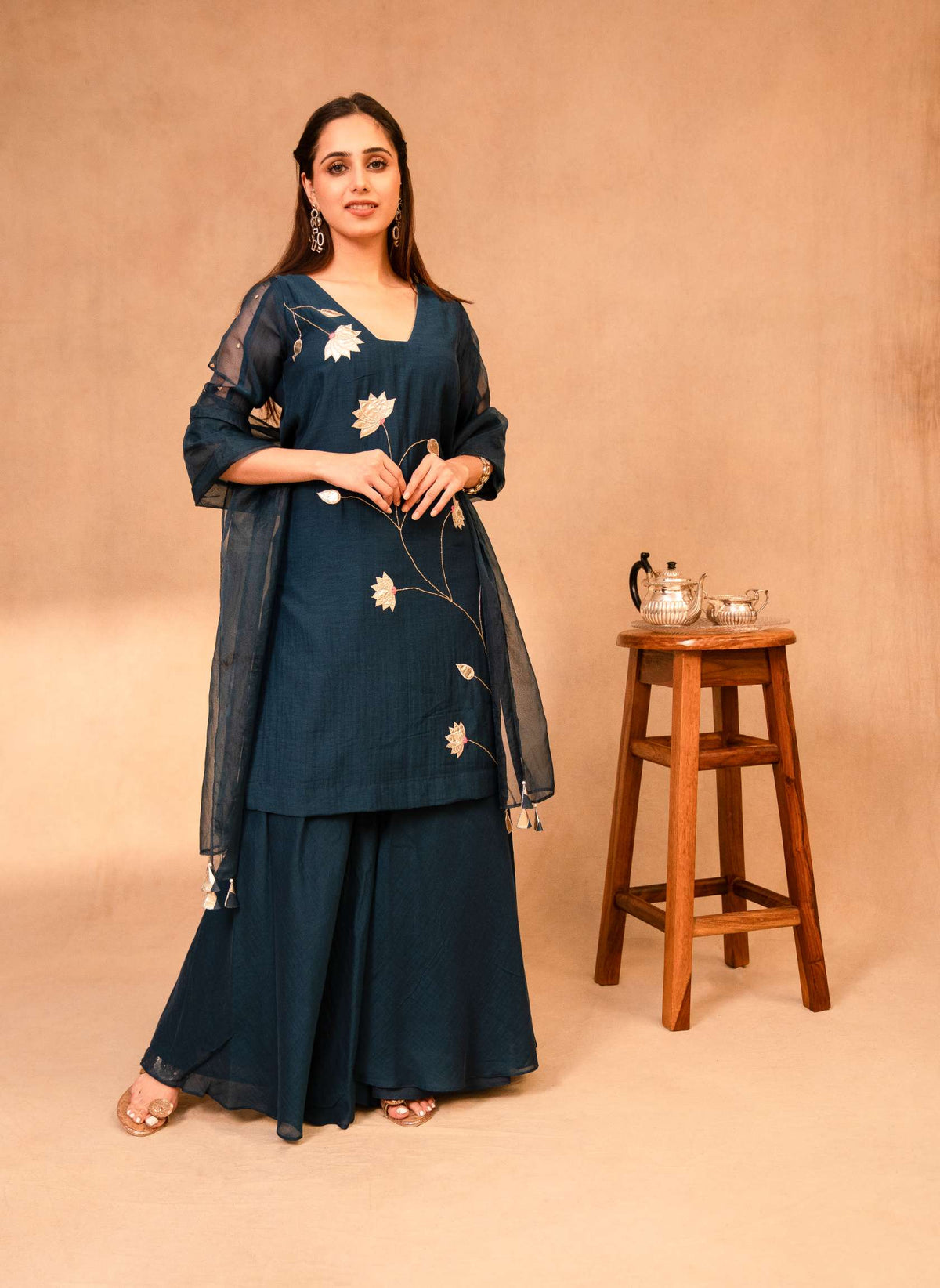 Navy Blue Sharara Set with Short Kurta & Dupatta