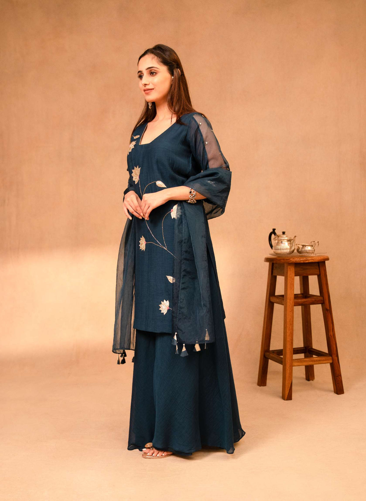Navy Blue Sharara Set with Short Kurta & Dupatta