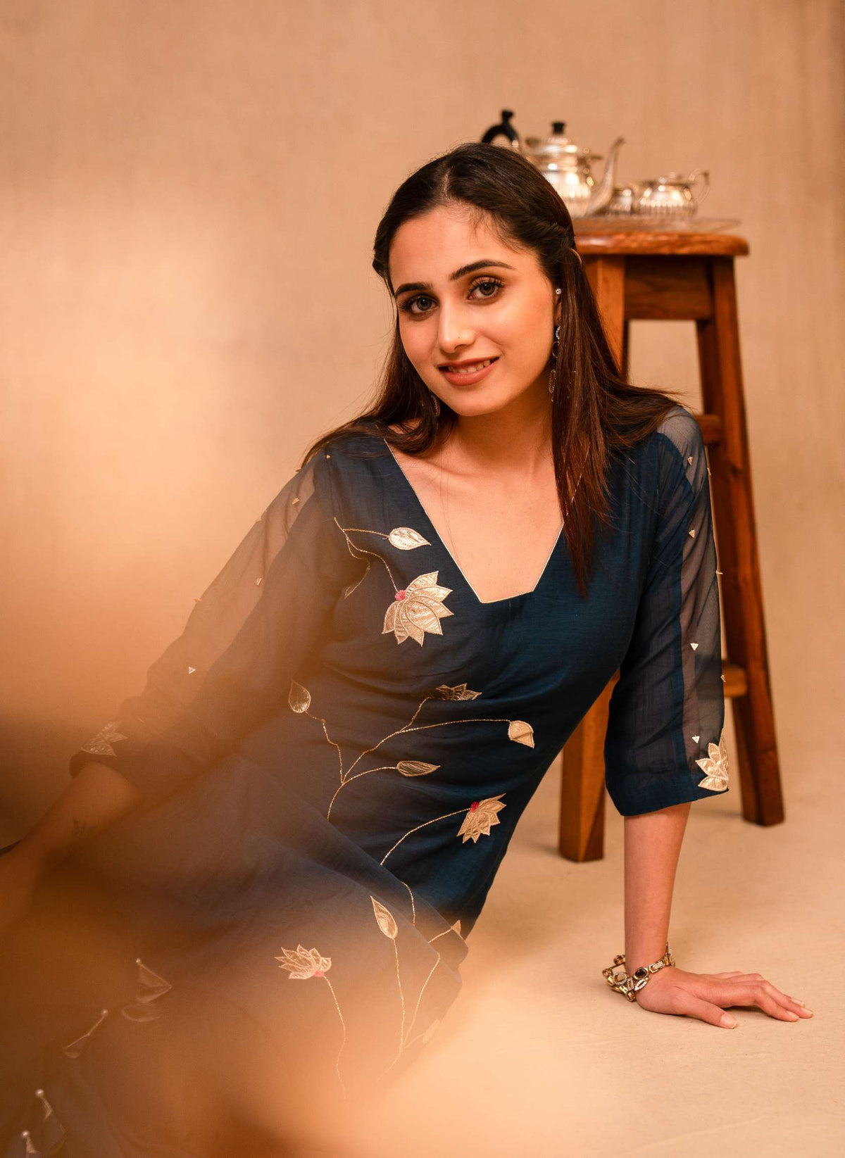 Navy Blue Sharara Set with Short Kurta & Dupatta
