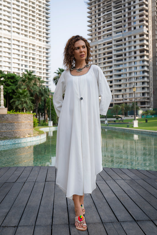 White Italian Cotton Dress with Black Detailing on Neck and Button