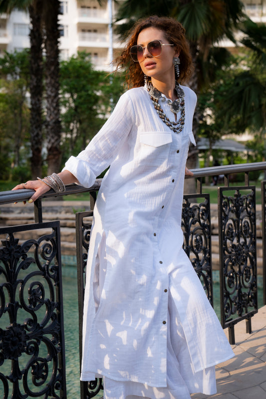 White Kurta with Ribot Detailing & Pants