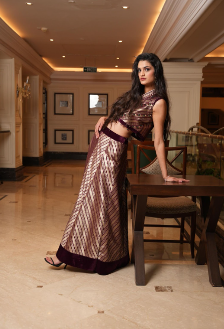 Maroon Brocade Handwork Crop jacket & Skirt Set - Label Sakshi Nayyar