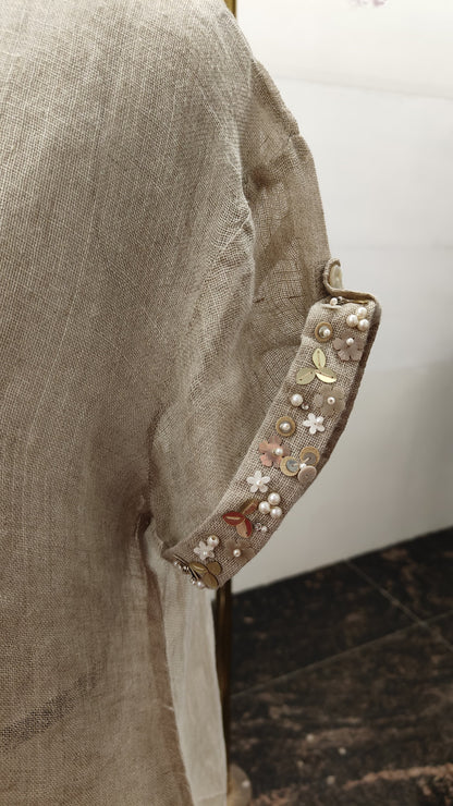 Jute Linen Boat Neck Top with Handwork on Sleeves
