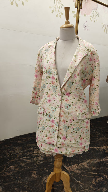 Pure Linen Blazer Set with Knee Length Skirt