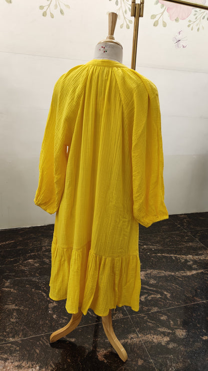 Cotton Crinkled Fabric Dress, Balloon Sleeves (Knee Length)