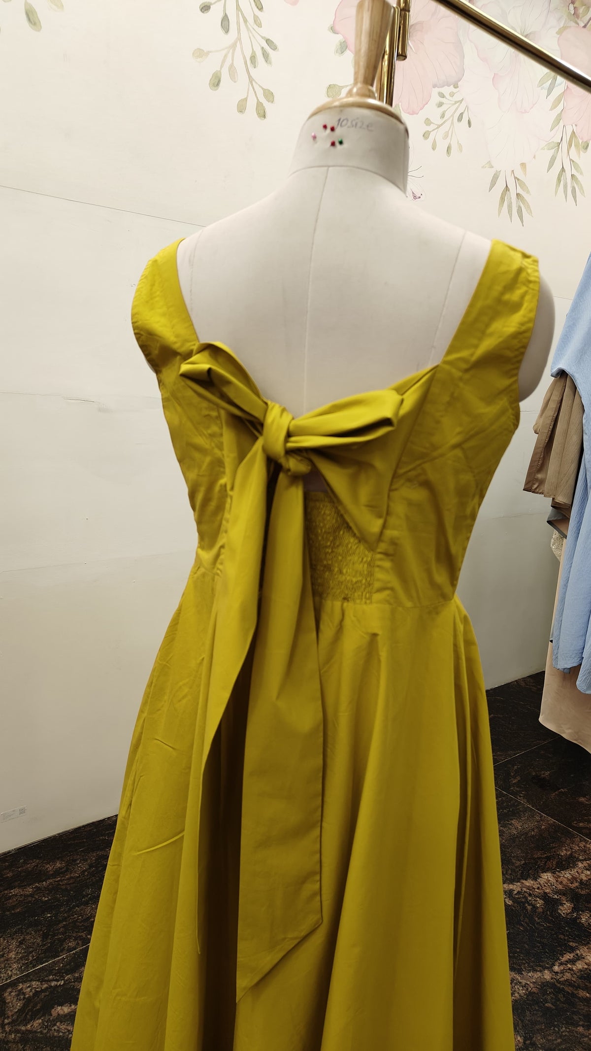 Greenish Yellow Poplin Back Knot Dress (Smocked)
