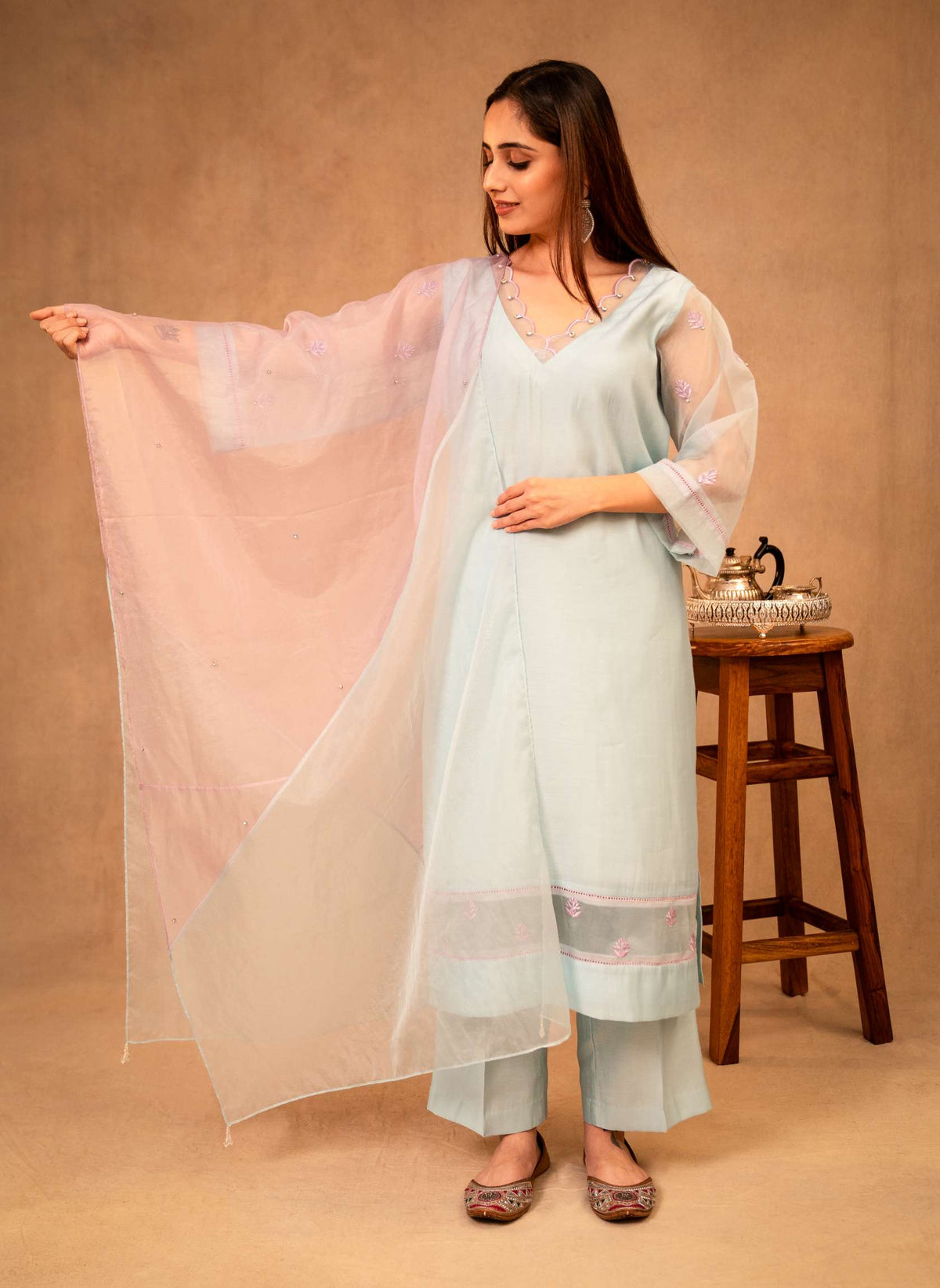 Sky Blue & Mauve Suit with Organza Dupatta