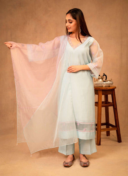 Sky Blue & Mauve Suit with Organza Dupatta