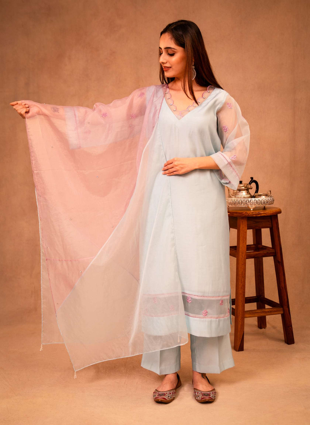 Sky Blue & Mauve Suit with Organza Dupatta