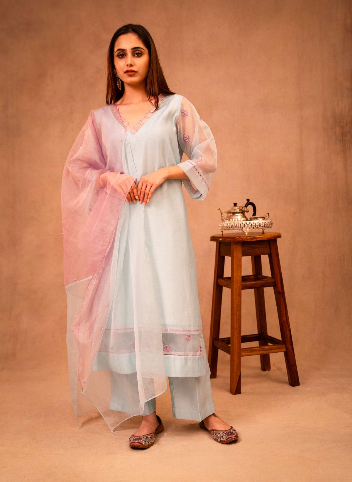 Sky Blue & Mauve Suit with Organza Dupatta