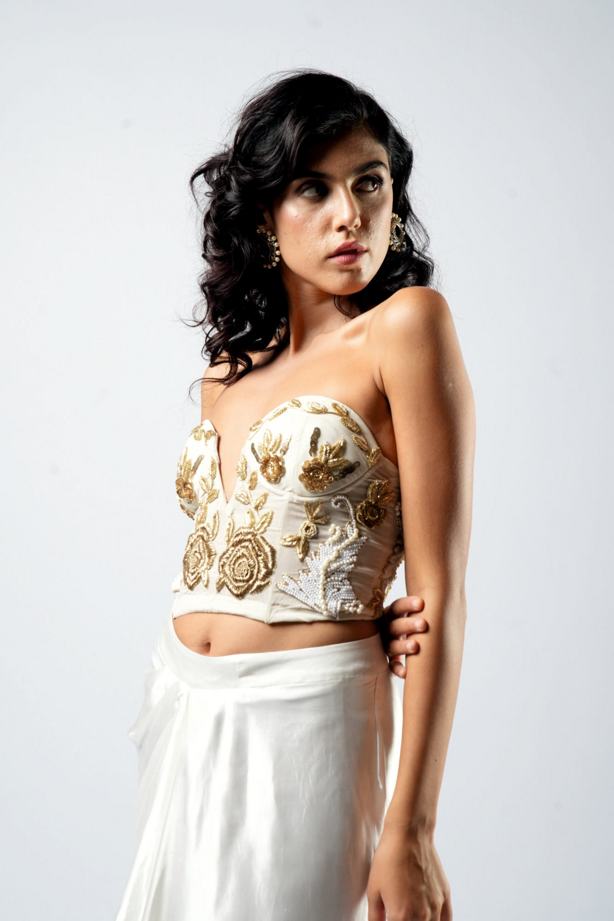 White Silk Drape Skirt & Corset With Golden Zardosi Handwork - Label Sakshi Nayyar
